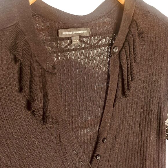 Express | Ribbed Ruffle Button Knit Top Black | Size L | EUC - Picture 7 of 10